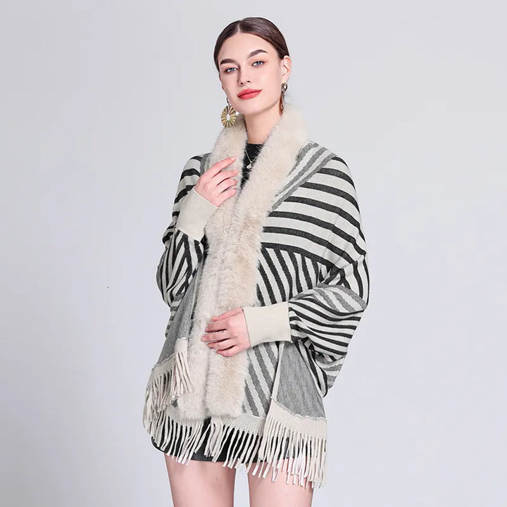 Striped Knitted Tassel Pancho