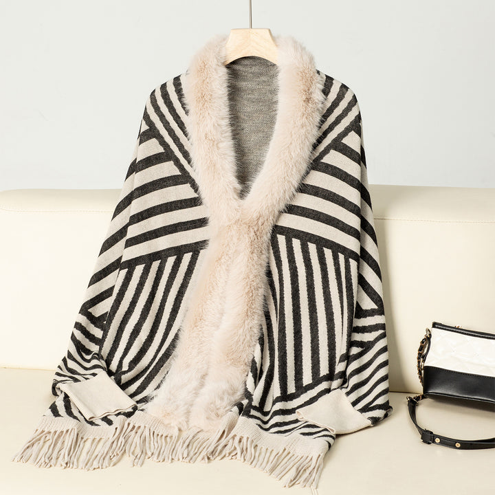 Striped Knitted Tassel Pancho