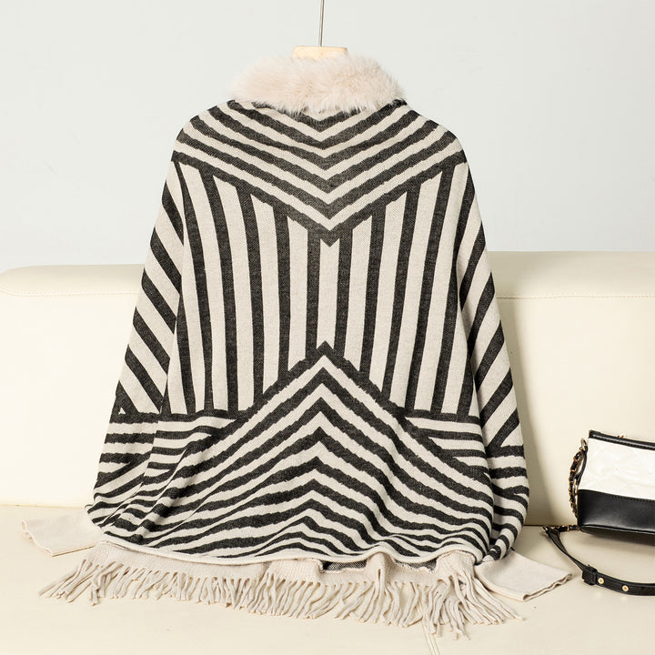 Striped Knitted Tassel Pancho