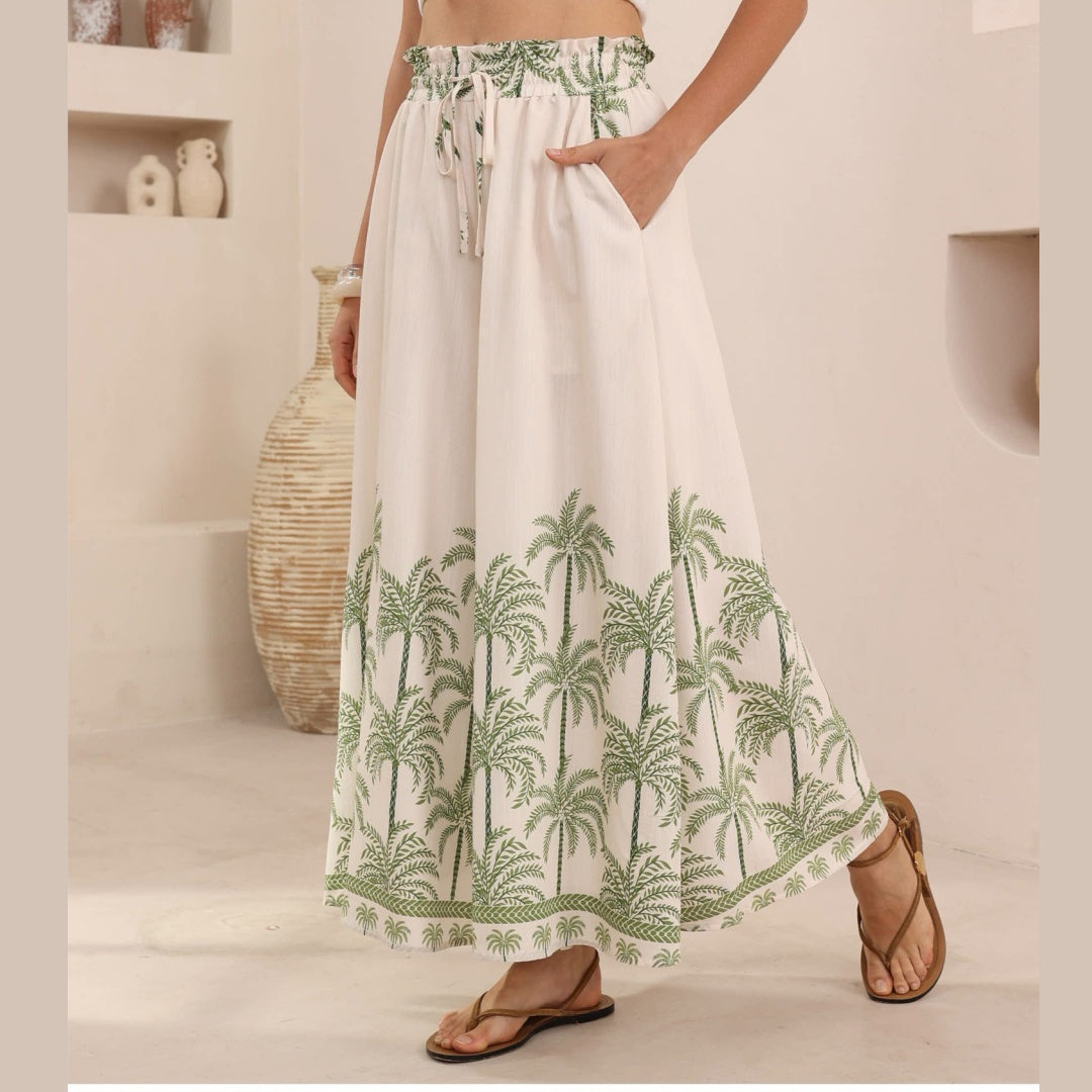 Palm Tree Print High Waisted Wide Leg Pants