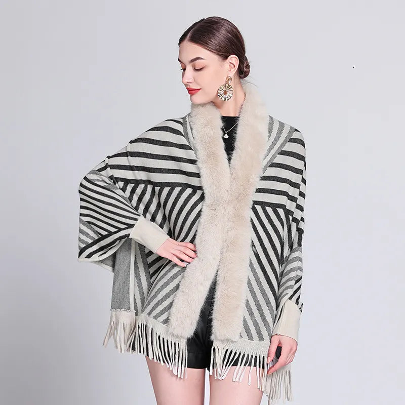 Striped Knitted Tassel Pancho