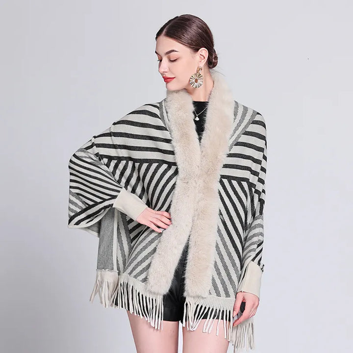 Striped Knitted Tassel Pancho