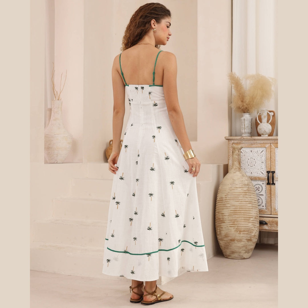 Palms Embroidered Green Tropical Maxi Dress