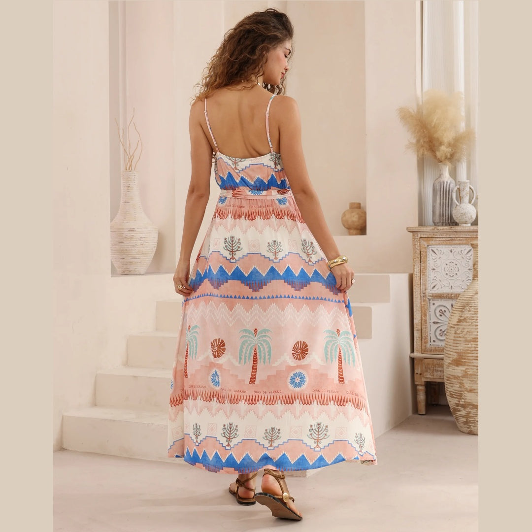 Brielle Tie Maxi Dress-Blue/Pink Print