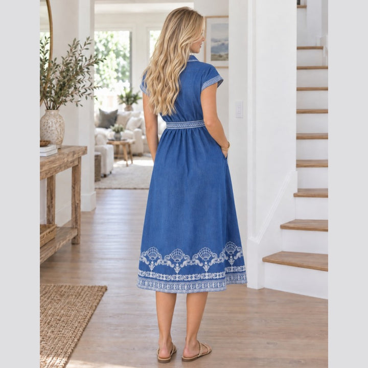 Blue Willow Embroidered Denim Dress