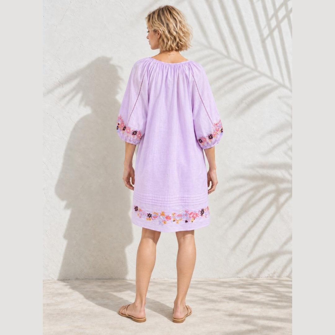 Lavender Bloom Embroidered Cotton Dress