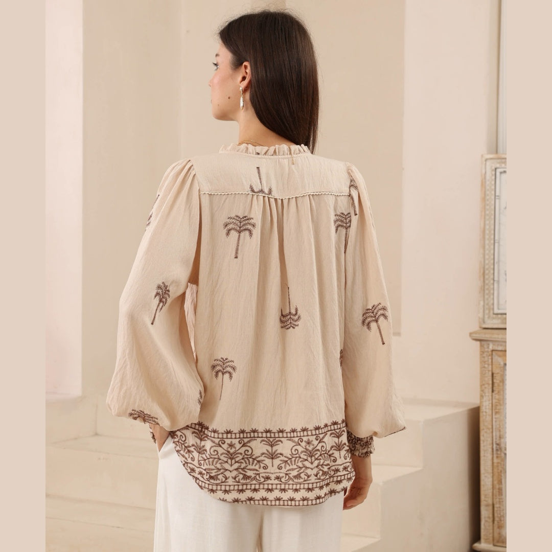 Melanie Blouse – Palm Embroidery Beige