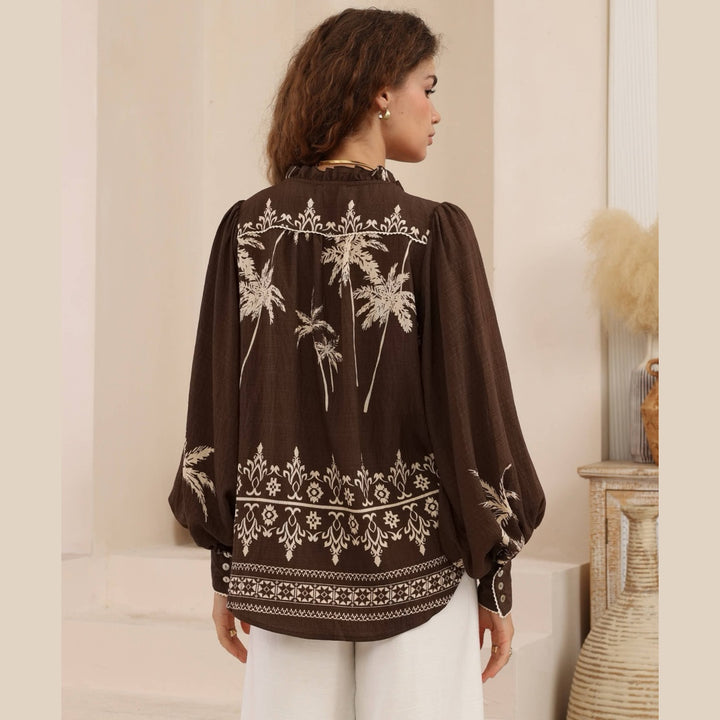 Brown Palm Tree Embroidery Resort Blouse