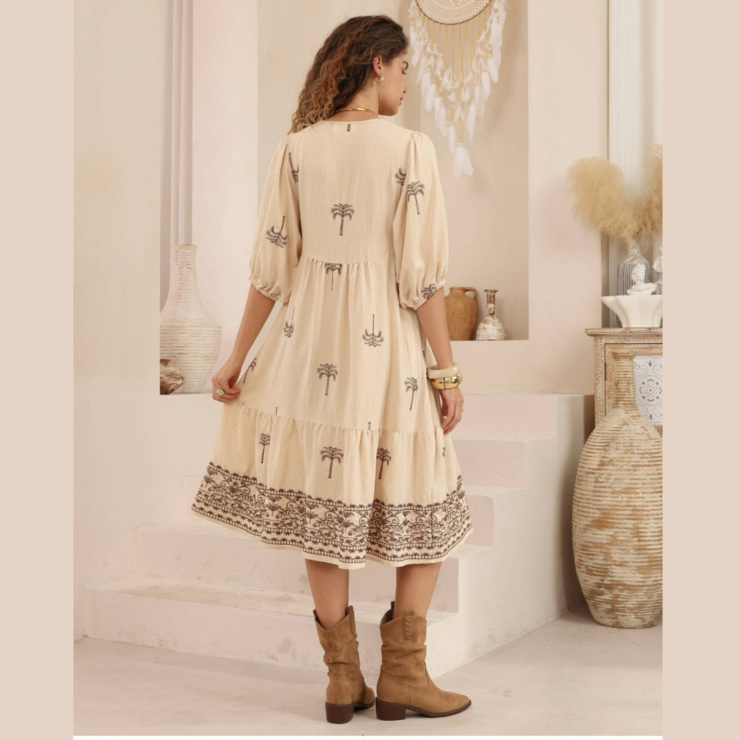 Melanie MIDI DRESS - EMB BROWN