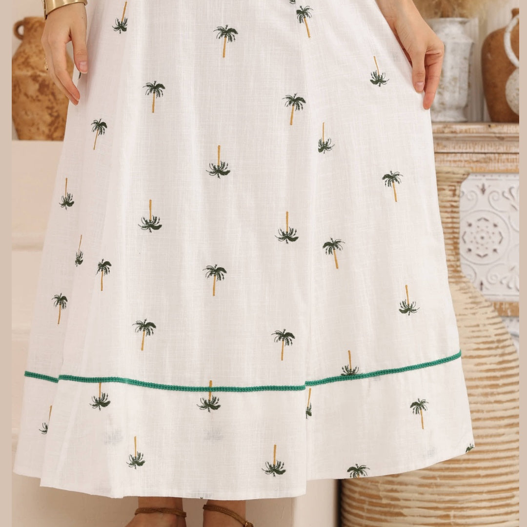 Palms Embroidered Green Tropical Maxi Dress