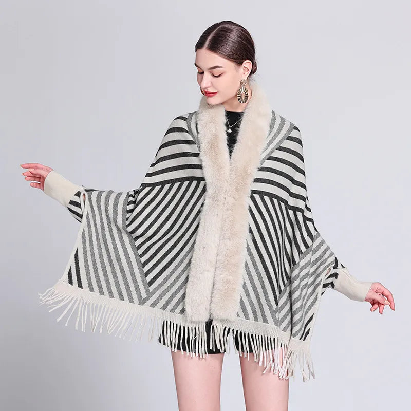 Striped Knitted Tassel Pancho