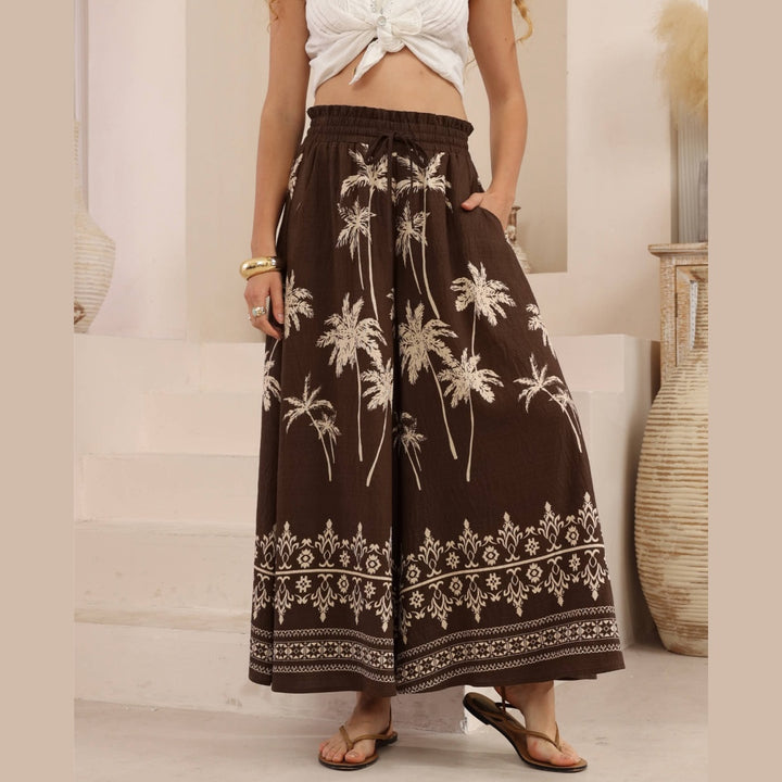 Brown Palm Tree  High Waisted Wide Leg Pants