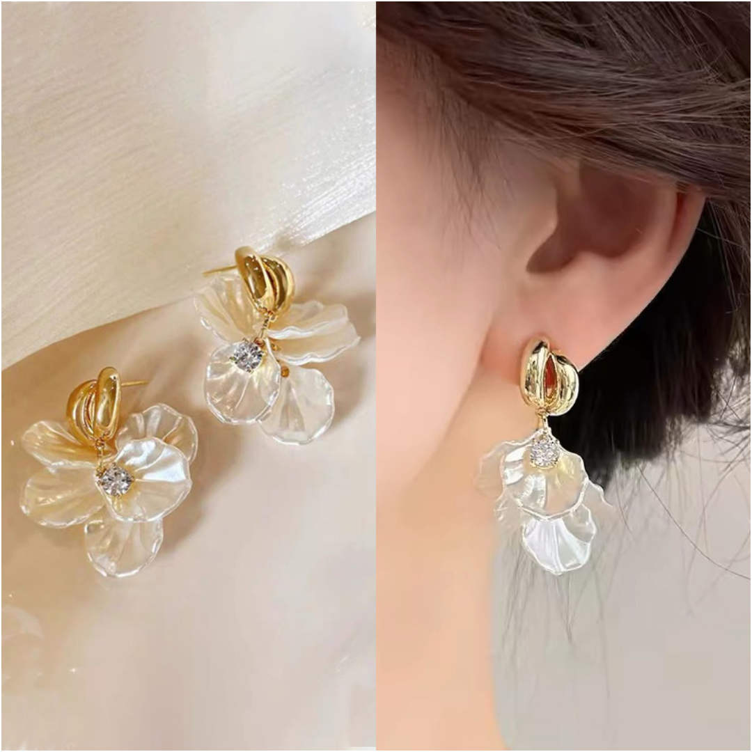 Gold Alloy Ear Pendants with Shell and Flower