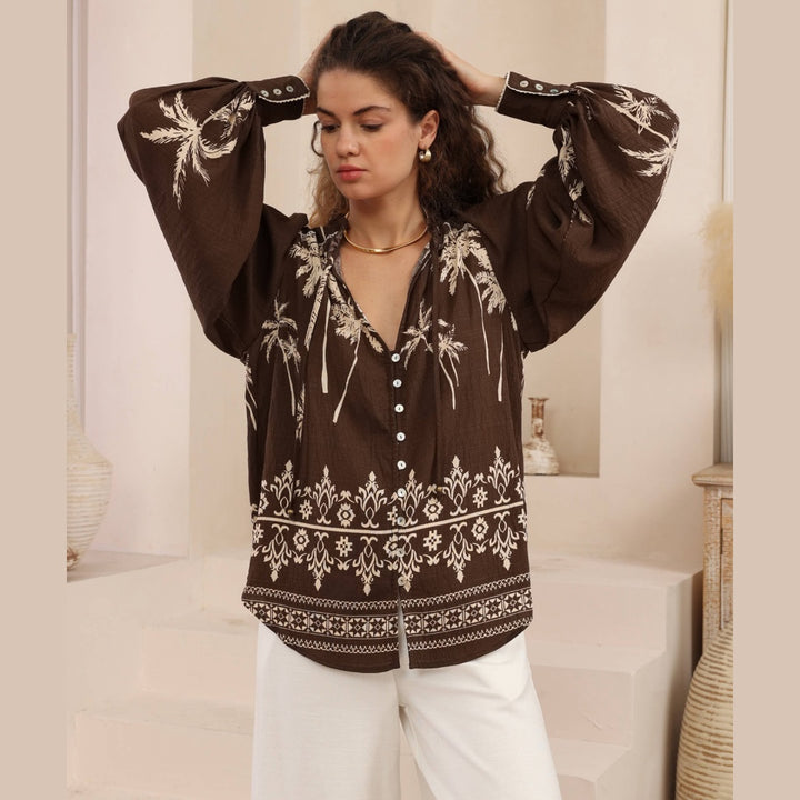 Brown Palm Tree Embroidery Resort Blouse