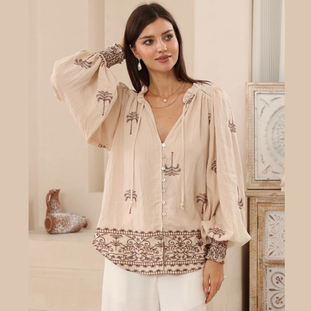 Melanie Blouse – Palm Embroidery Beige