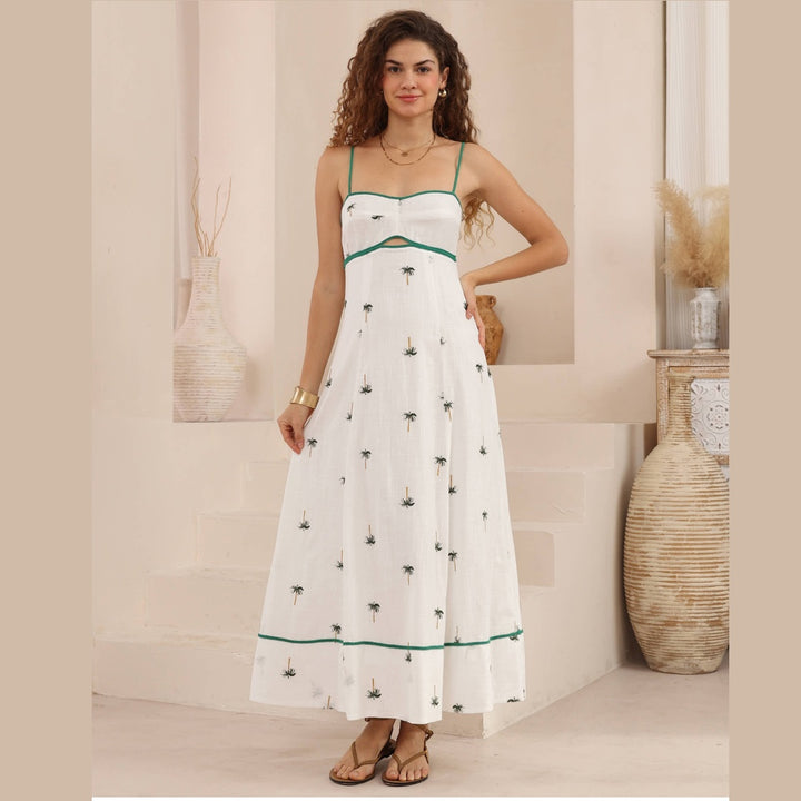 Palms Embroidered Green Tropical Maxi Dress