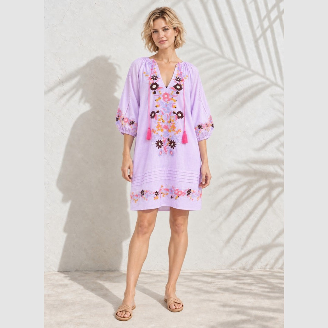 Lavender Bloom Embroidered Cotton Dress