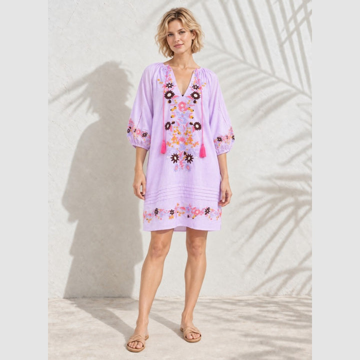 Lavender Bloom Embroidered Cotton Dress