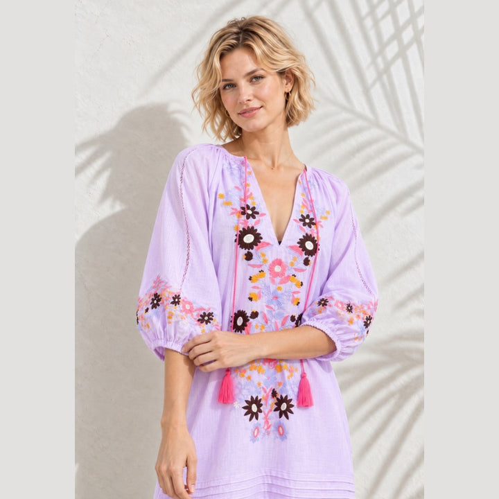 Lavender Bloom Embroidered Cotton Dress