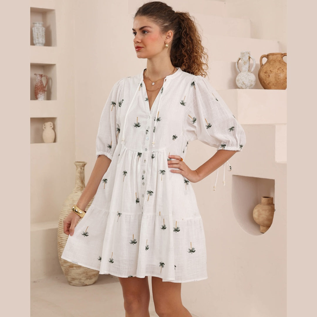 Palms Embroidered Green Tropical BabyDoll Dress