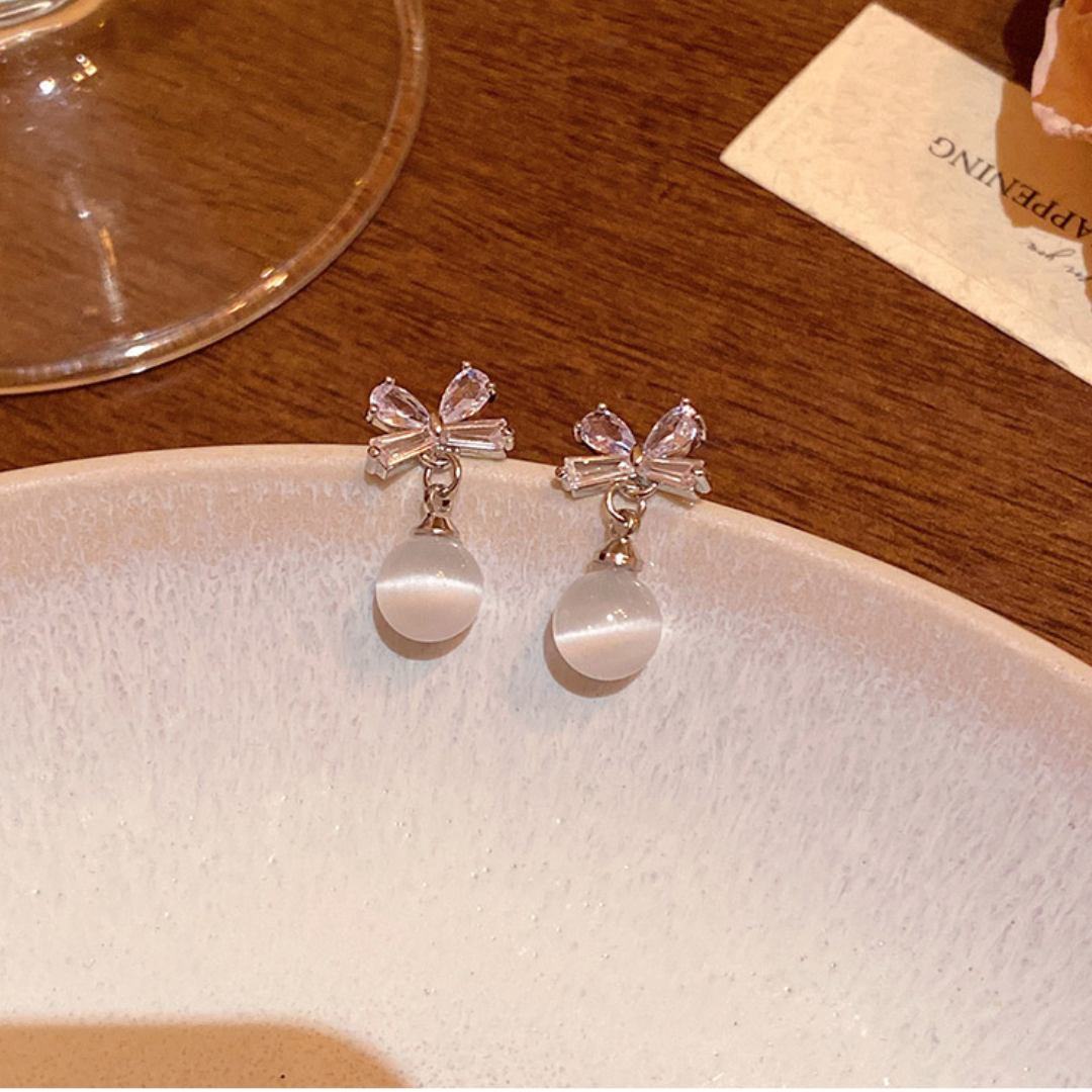 moonstone Stering Sliver Bow Tie Drop Earrings