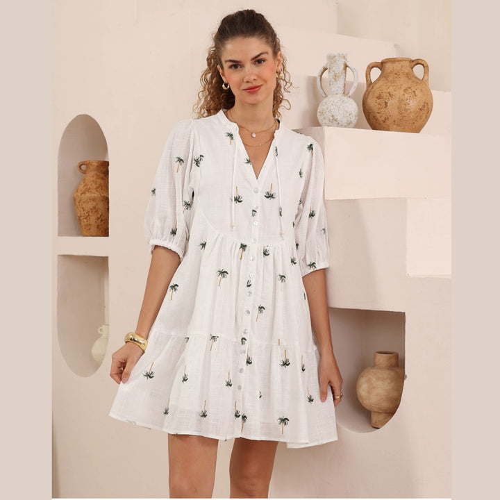 Palms Embroidered Green Tropical BabyDoll Dress