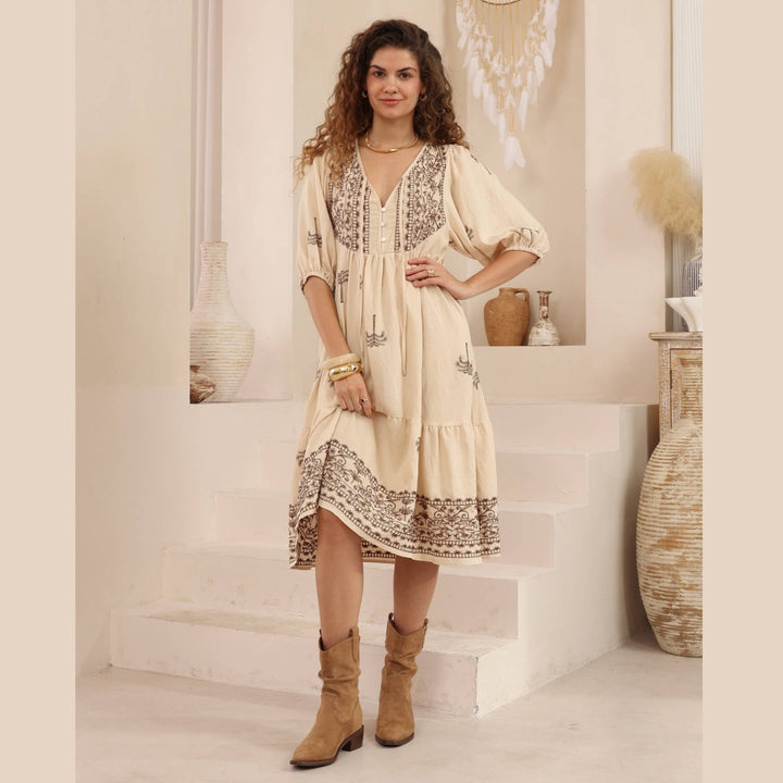 Melanie MIDI DRESS - EMB BROWN
