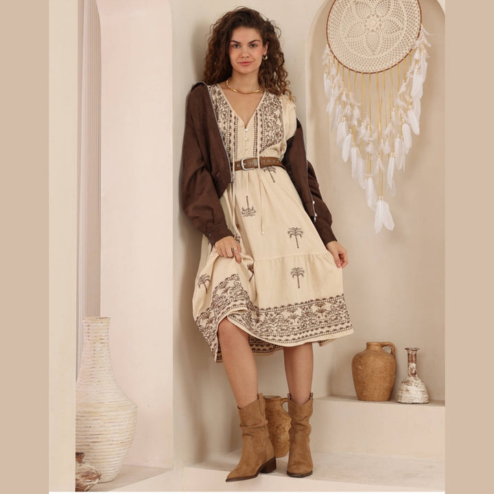 Melanie MIDI DRESS - EMB BROWN