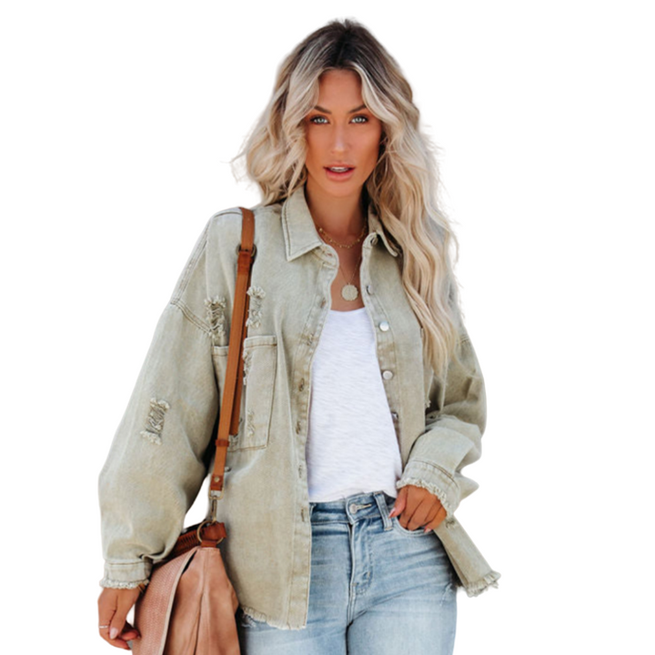 Distressed Raw Denim Jacket-Green