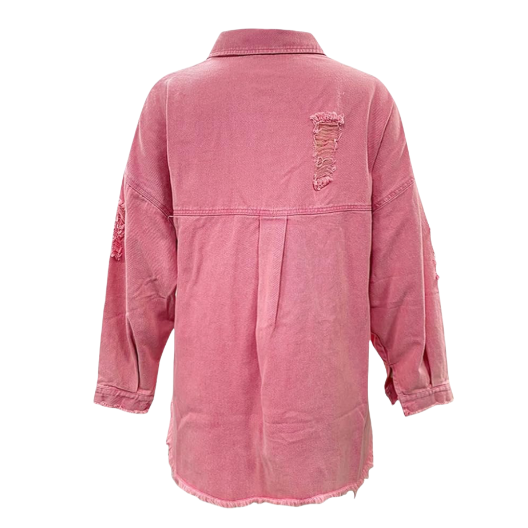 Distressed Raw Denim Jacket-Pink
