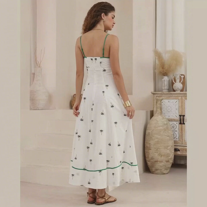 Palms Embroidered Green Tropical Maxi Dress