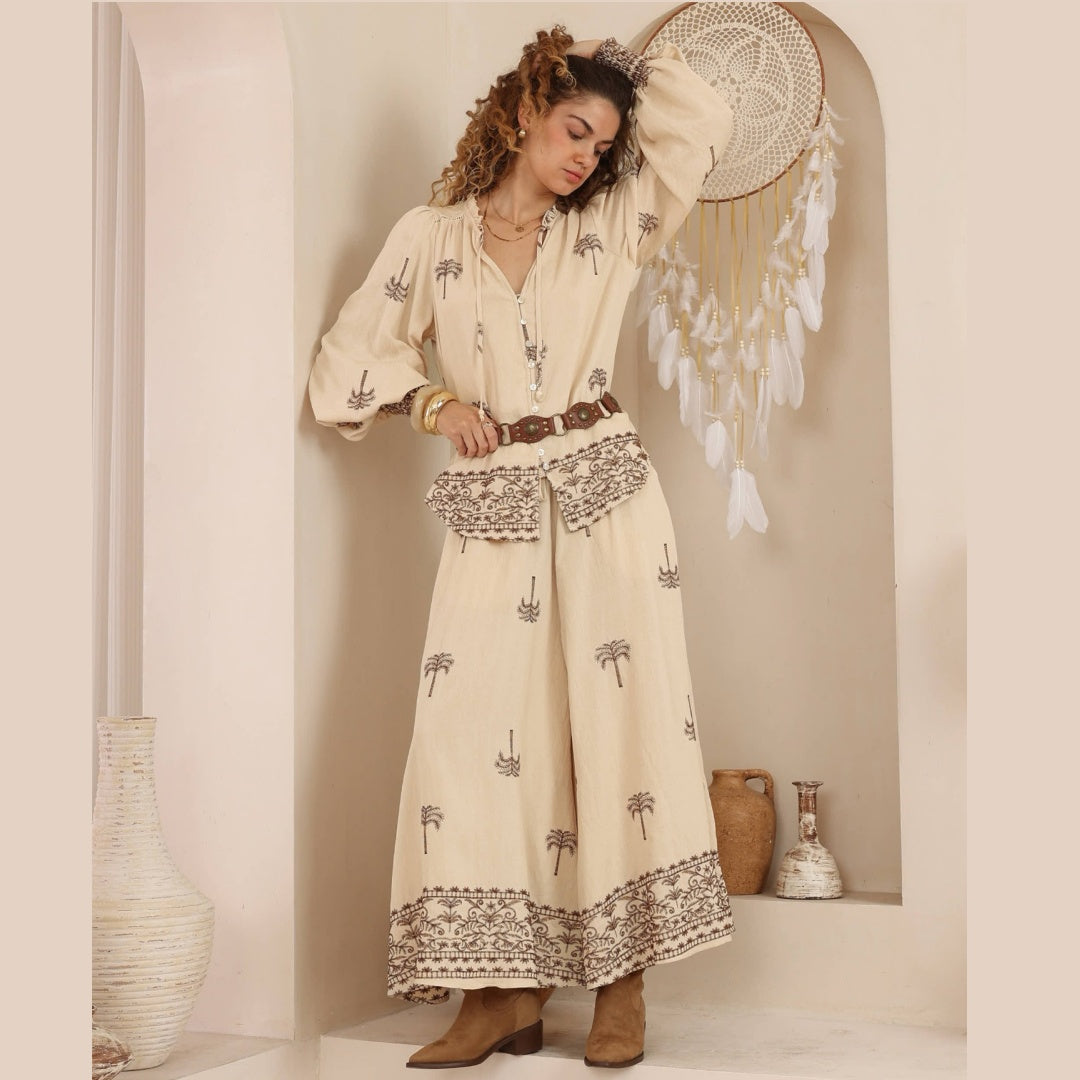 Melanie Blouse – Palm Embroidery Beige