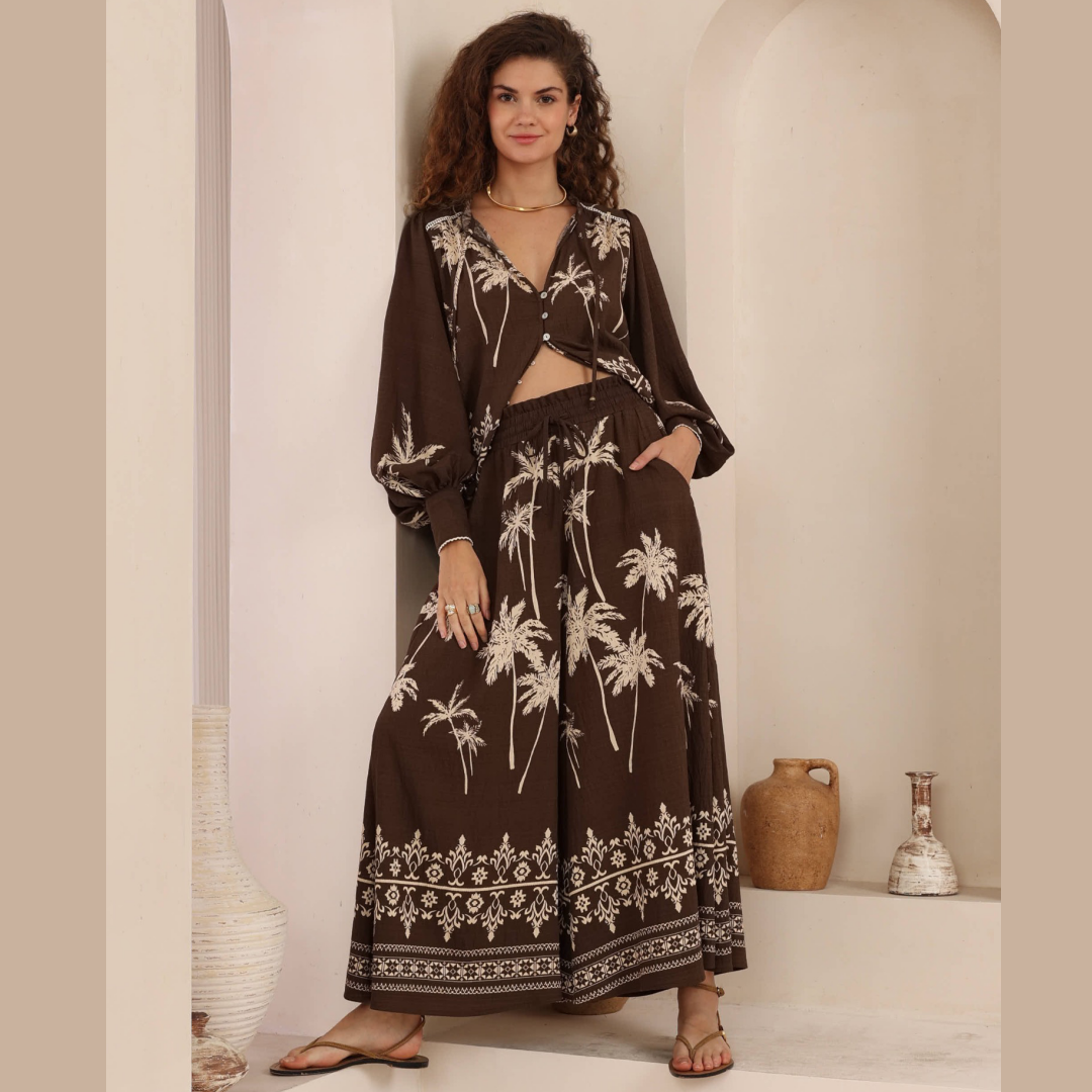 Brown Palm Tree Embroidery Resort Blouse