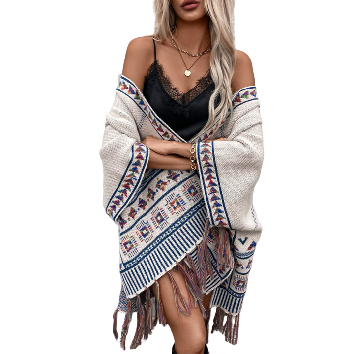 Bohemian Tribal Patterned Shawl with Fringe Detail Pancho