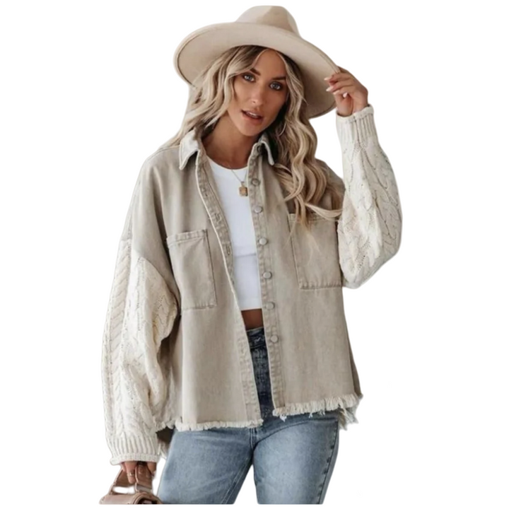 Denim Jacket  With Knit  Sleeves