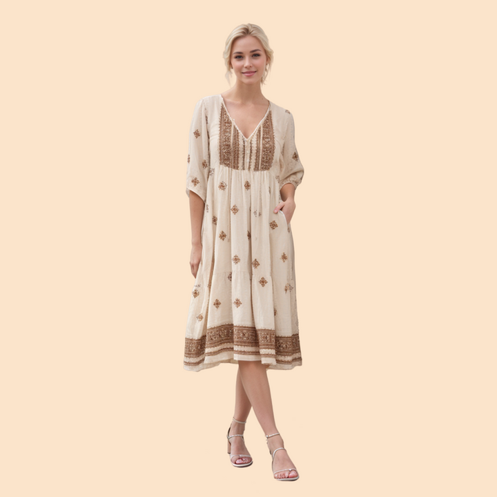 Melanie MIDI DRESS - EMB BROWN