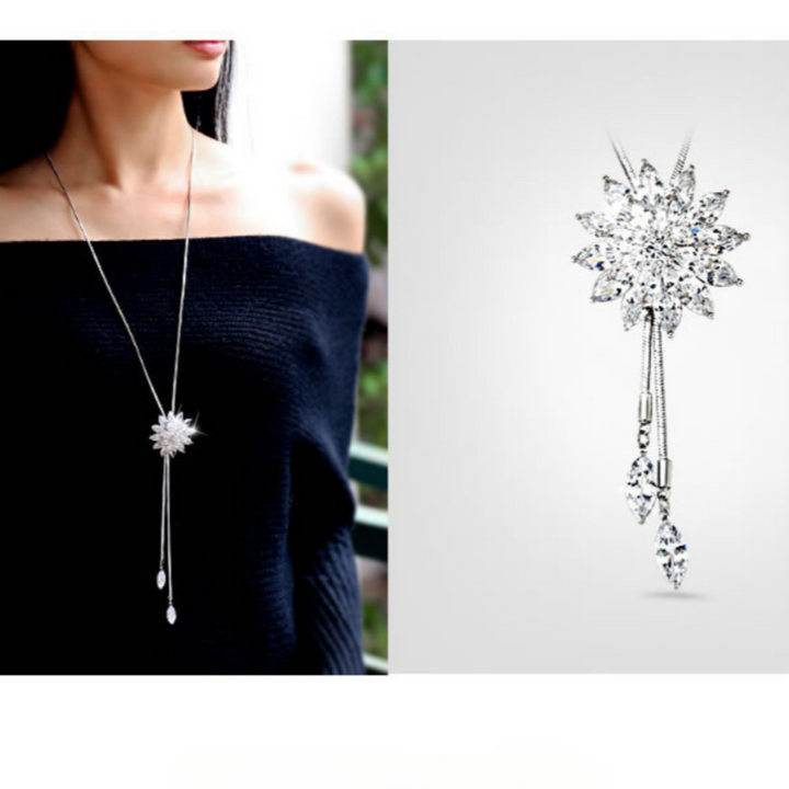 Sparkling chrysanthemum pendant long  chain necklace