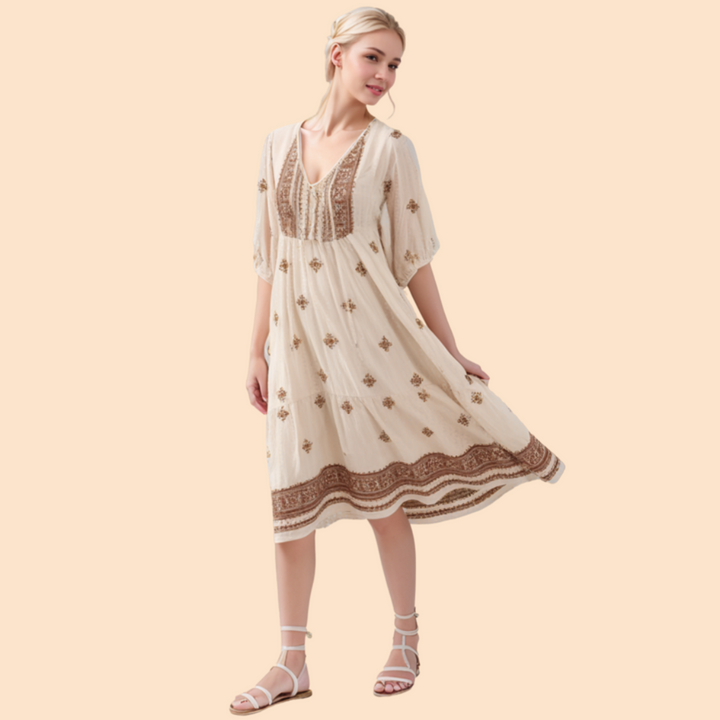 Melanie MIDI DRESS - EMB BROWN