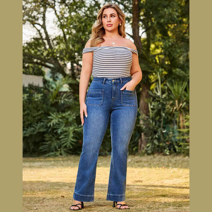 Cindy High waisted Flare Leg Stretch Jean in Medium Wash Denim