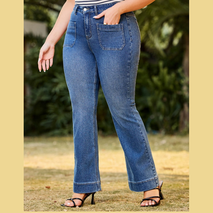 Cindy High waisted Flare Leg Stretch Jean in Medium Wash Denim