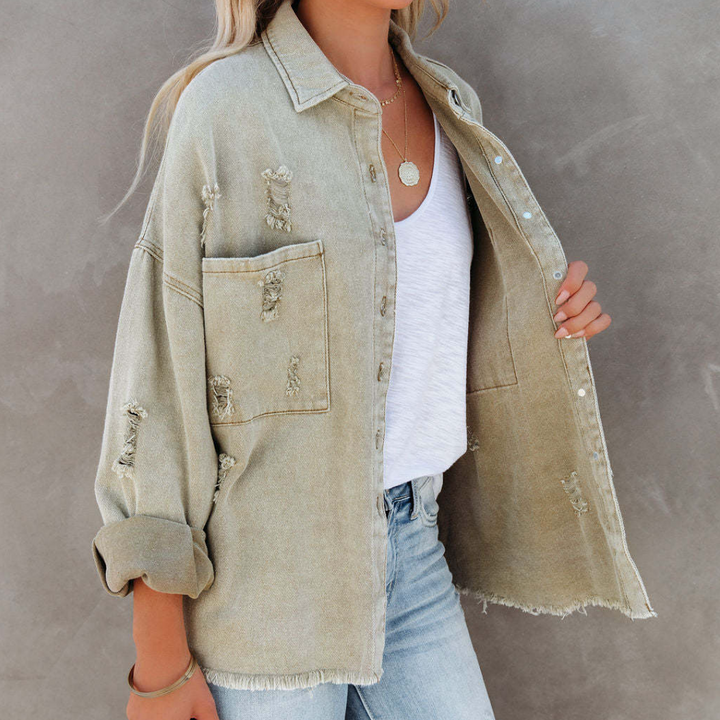 Distressed Raw Denim Jacket-Green