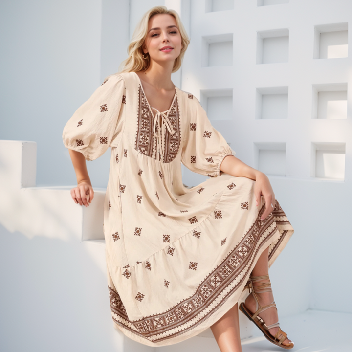 Melanie MIDI DRESS - EMB BROWN