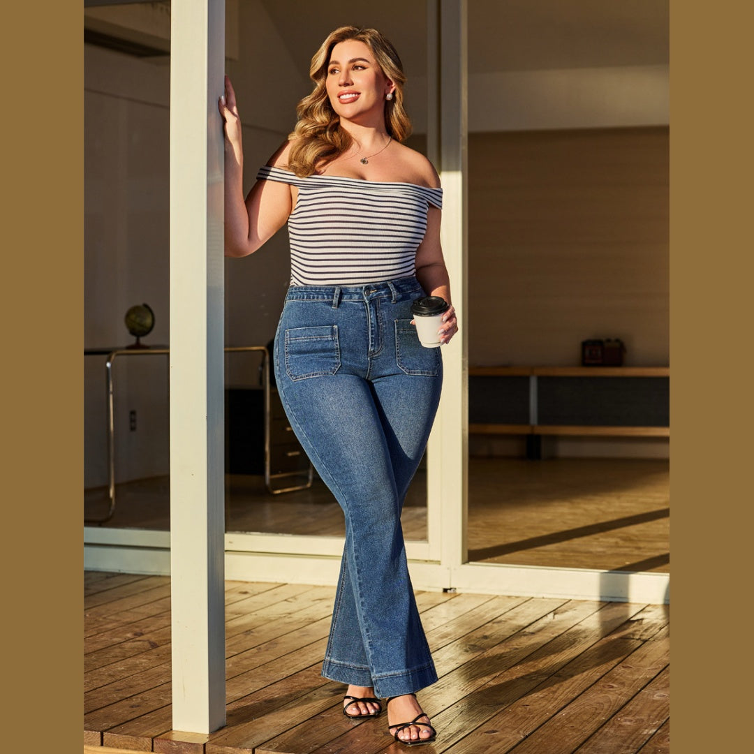 Cindy High waisted Flare Leg Stretch Jean in Medium Wash Denim