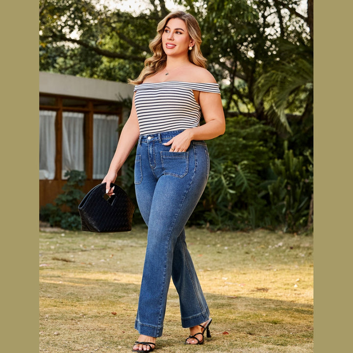 Cindy High waisted Flare Leg Stretch Jean in Medium Wash Denim