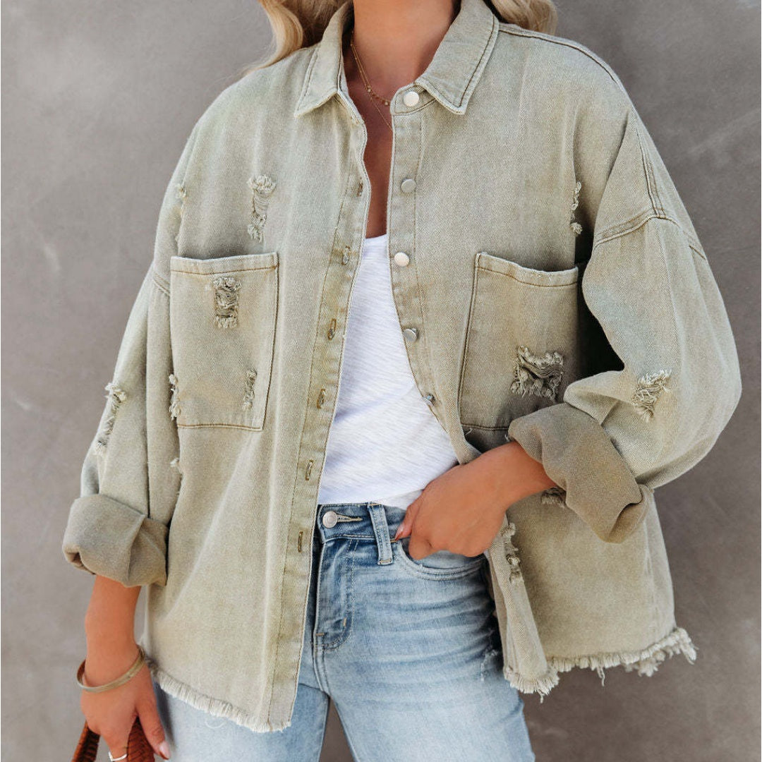 Distressed Raw Denim Jacket-Green