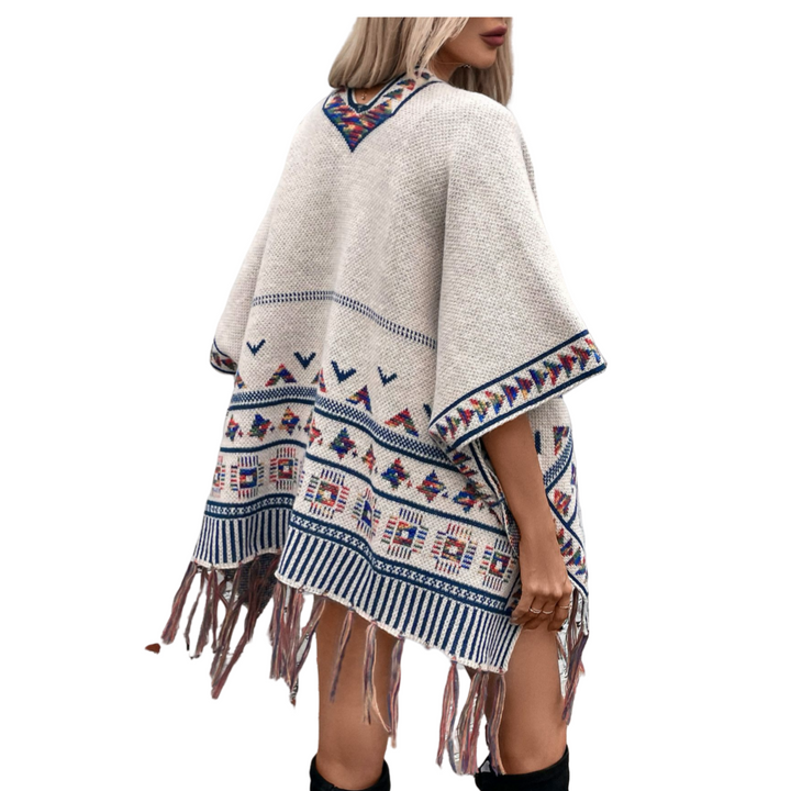 Bohemian Tribal Patterned Shawl with Fringe Detail Pancho