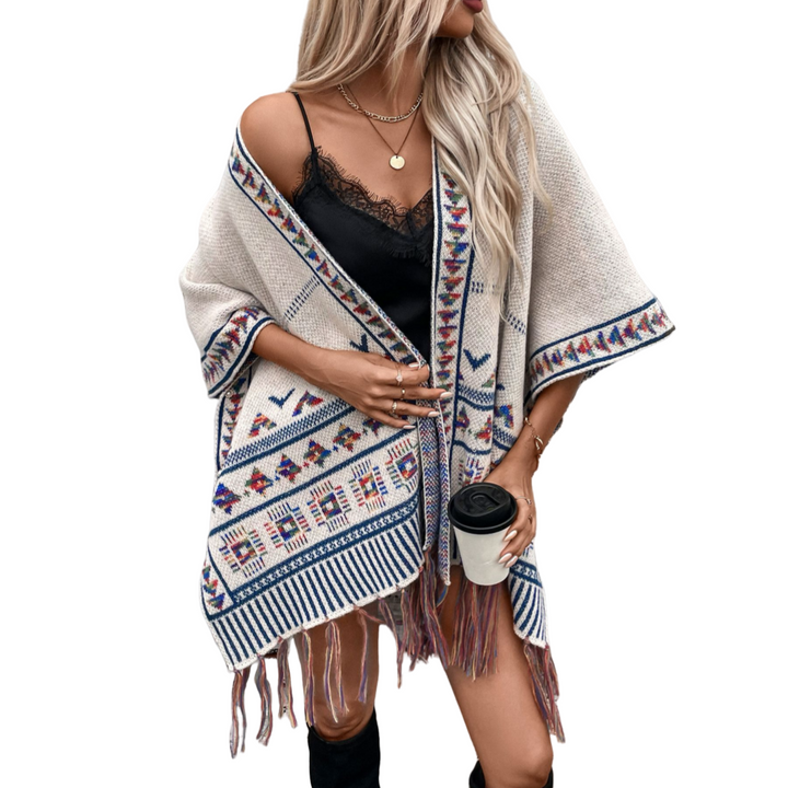 Bohemian Tribal Patterned Shawl with Fringe Detail Pancho