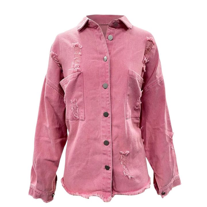 Distressed Raw Denim Jacket-Pink