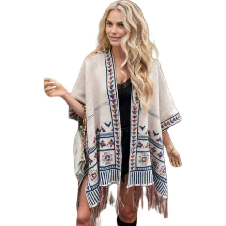 Bohemian Tribal Patterned Shawl with Fringe Detail Pancho