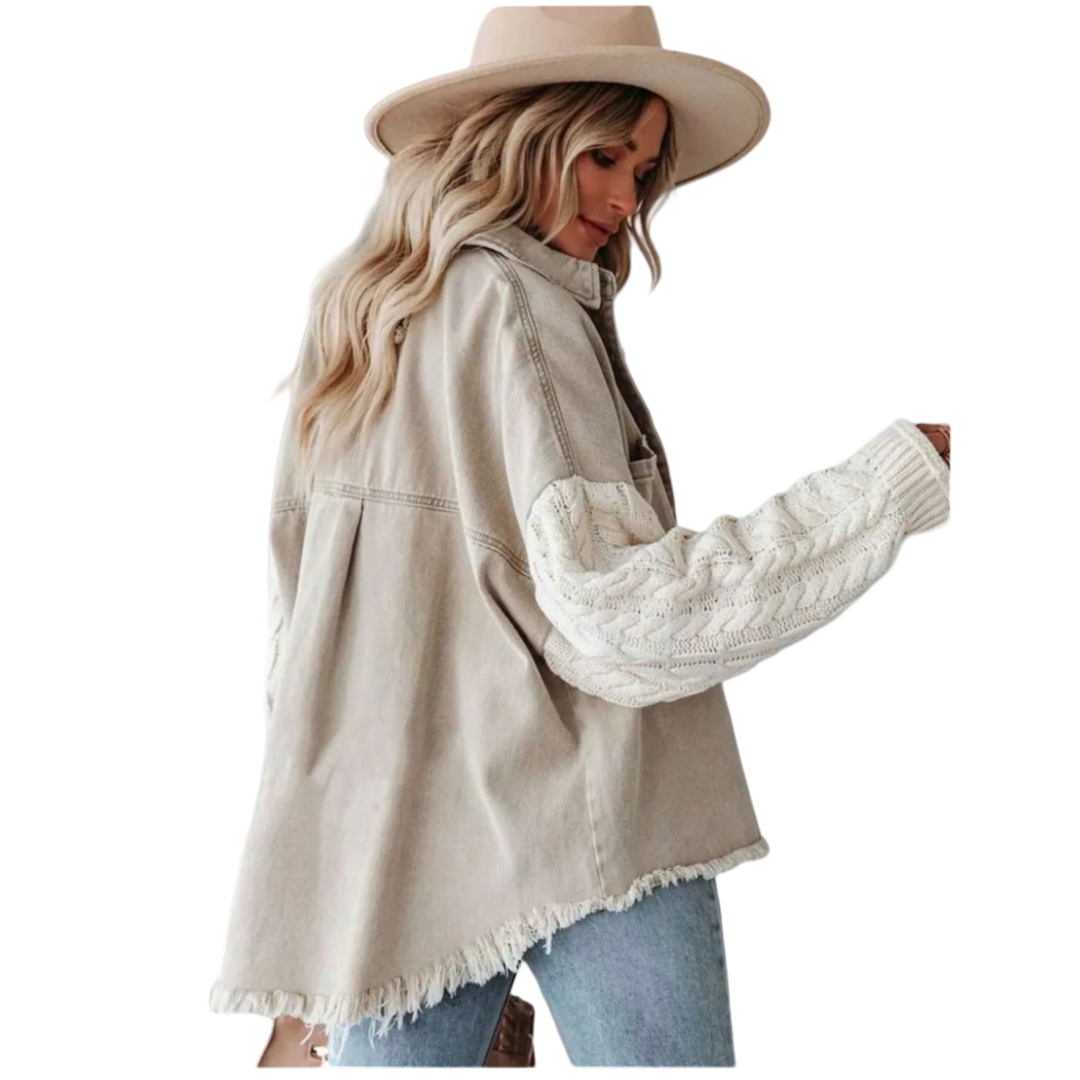 Denim Jacket  With Knit  Sleeves